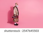 Full size photo of crazy funny aged man hold boombox empty space wear glamour leopard print clothes isolated on pink color background