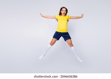 Full Size Photo Crazy Shocked Girl Football Cup Match Tournament Fan Look Favorite Team Win Jump Impressed Scream Wow Omg Unbelievable Wear White Socks Boots Isolated Gray Color Background