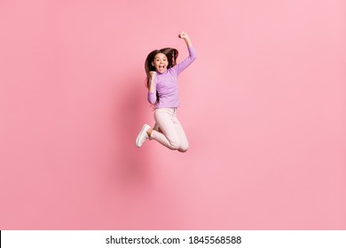 Full size photo of ecstatic little girl jump raise fists wear purple sweater isolated over pastel color background - Powered by Shutterstock