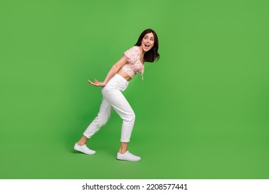Full size photo of excited lovely girl curly hairstyle dressed white pants blouse drag look empty space isolated on green color background - Shutterstock ID 2208577441