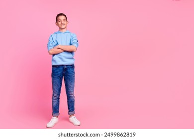 Full size photo of funny teenager boy crossed hands confident wear trendy blue outfit isolated on pink color background - Powered by Shutterstock