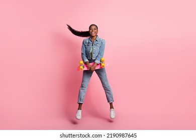 Full Size Photo Of Good Mood Cool Girl Laughing Go Skating On Summer Weekend Isolated On Pink Color Background