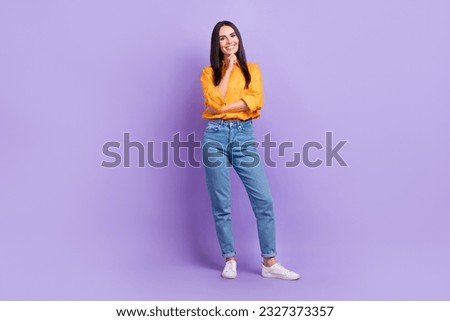 Full size photo of good mood nice optimistic woman dressed oversize shirt finger on chin smiling isolated on violet color background