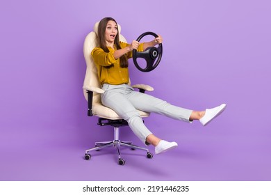 Full Size Photo Of Impressed Lady Drive Car Wear Blouse Trousers Shoes Isolated On Violet Color Background