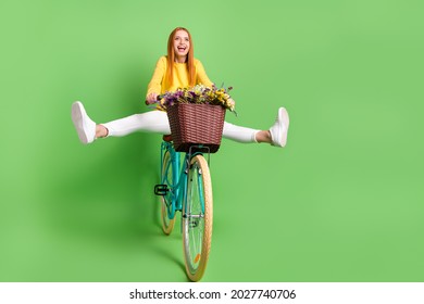 Full size photo of impressed red hair lady ride bicycle wear yellow sweater trousers isolated on green color background