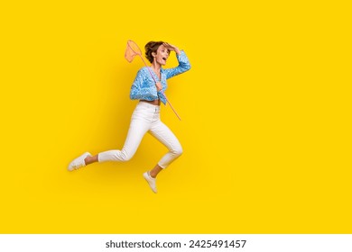 Full size photo of impressed woman wear print blouse flying look empty space hold butterfly net isolated on yellow color background - Powered by Shutterstock