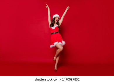 Full size photo of lady came to theme party dancing queen wear fluffy mini dress isolated red background - Shutterstock ID 1490099852