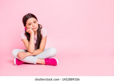 Full size photo of little lady sit floor boring lecture last class before vacation dressed casual outfit isolated pink background - Powered by Shutterstock