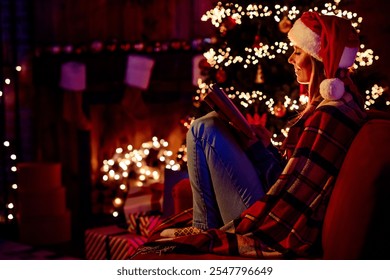 Full size photo of lovely young woman sit sofa read book wear christmas outfit tradition garland lights atmosphere decor house indoors room - Powered by Shutterstock