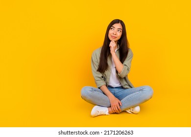 Full Size Photo Of Minded Charming Person Hand Touch Chin Look Empty Space Isolated On Yellow Color Background