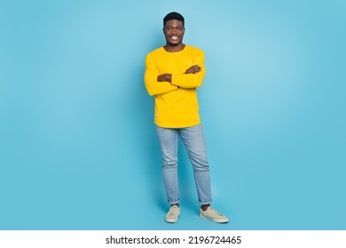 Full Size Photo Of Nice Millennial Brunet Guy Stand Wear Smart Casual Isolated On Blue Background