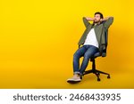 Full size photo of nice young man sit chair sleep empty space wear shirt isolated on yellow color background