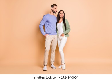 Full size photo of optimistic nice couple stand look empty space wear sweater isolated on beige color background