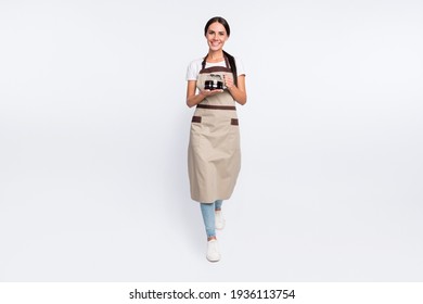 Full size photo of optimistic nice brown hair lady hold teapot wear t-shirt apron isolated on grey color background - Powered by Shutterstock