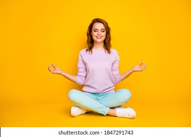 Full Size Photo Positive Inspired Girl Sit Legs Crossed Folded Enjoy Fitness Yoga Exercise Show Om Symbol Meditate Wear Pink Teal Pants Jumper Isolated Shine Color Background