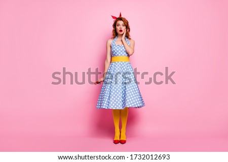 Full size photo of pretty fancy gentle lady hear incredible novelty stare stupor touch hand face wear good look skirt isolated over pink color background