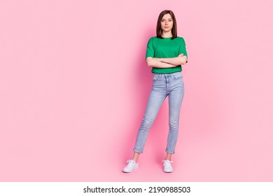 Full Size Photo Of Pretty Young Lady Folded Arms Strict Manager Director Dressed Trendy Green Garment Isolated On Pink Color Background