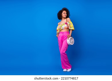 Full Size Photo Of Pretty Young Lady Curly Hair Prepare Date Party Wear Stylish Colorful Outfit Isolated On Bright Blue Color Background