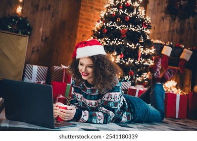 Full size photo of pretty young woman drink cacao use laptop christmas festive illumination apartment indoors - Powered by Shutterstock