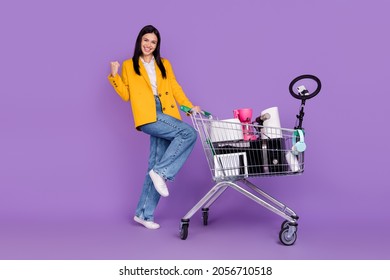 Full Size Photo Of Stylish Business Lady Model Win Sale Home Appliance Lucky Blogger Isolated On Violet Color Background