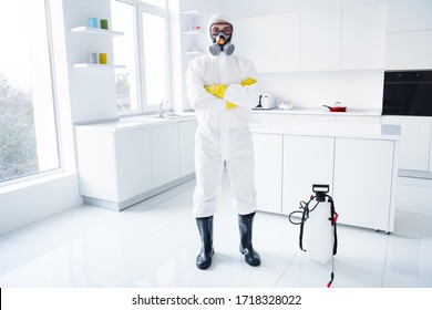 Full Size Photo Of Successful Guy Cleaner Protective Hazmat Suit Gloves Goggles Cross Hands Ready Stop Covid Spread Epidemic Influenza Infection Wear Boots Latex Gloves Goggles In House Kitchen