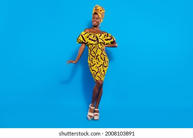 Full size photo of young charming smiling afro woman look copyspace posing on camera isolated on blue color background
