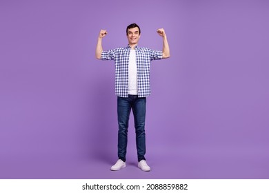 Full Size Photo Of Young Man Show Arms Muscles Work-out Body Building Isolated Over Violet Color Background