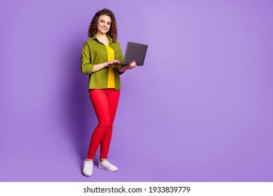 Full Size Photo Of Young Smiling Beautiful Businesswoman Working In Laptop Computer Isolated On Violet Color Background