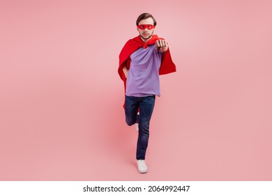 Full Size Photo Of Young Superman Strong Power Wear Coat Mask Run Fast Isolated Over Pink Color Background