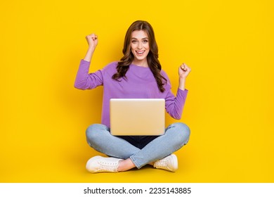 Full size portrait of delighted astonished girl raise fists use wireless netbook isolated on yellow color background