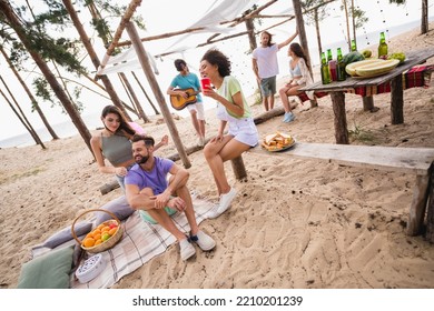 Full Size Portrait Of Group Positive Carefree People Chilling Enjoy Beach Birthday Celebration Outside