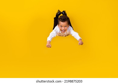 Full Size Portrait Of Overjoyed Positive Person Falling Have Good Mood Isolated On Yellow Color Background