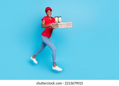 Full Size Portrait Of Positive Funky Person Hold Pizza Package Rush Jump Isolated On Blue Color Background