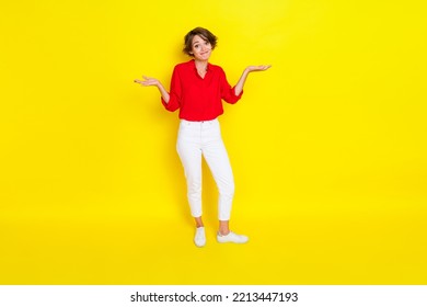 Full Size Portrait Of Questioned Positive Girl Hands Shrug Shoulders Not Know Isolated On Yellow Color Background