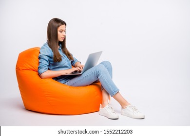 Full size profile side photo of serious concentrated girl work on her computer chat with start-up clients sit big bag lounge chair wear casual style clothing isolated over white color background