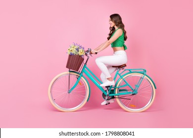 Full size profile side photo of positive cheerful girl ride retro bicycle collect field wild flowers wear green white outfit isolated over pastel color background