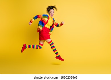 Full Size Profile Side Photo Of Crazy Funky Girl Jump Run Wear Rainbow Skirt Long Socks Isolated Bright Color Background