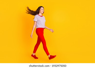 Full size profile side photo of young attractive girl happy positive smile go walk isolated over yellow color background