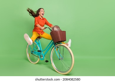 Full size profile side photo of young excited woman have fun shout ride bicycle fast isolated over green color background
