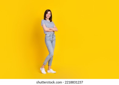 Full size profile side photo of pretty cute lady arm folded dressed nice outfit denim stand empty space isolated on yellow color background - Shutterstock ID 2218831237
