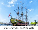 A full size replica of the 8th-century ship Amsterdam of the VOC, Dutch East India Company, built in 1990 and moored at the Maritime Museum in Amsterdam