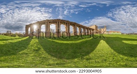 full spherical hdri 360 panorama near stone abandoned ruined palace building with columns at evening  with sunrays in equirectangular projection, VR AR virtual reality content