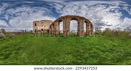 full spherical hdri 360 panorama near stone abandoned ruined palace building with columns at evening in equirectangular projection, VR AR virtual reality content