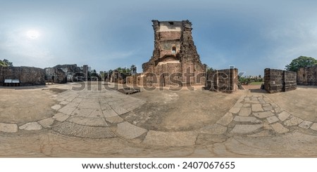full spherical hdri 360 panorama near stone abandoned ruined tower of portugese church in old goa india in equirectangular projection, VR AR virtual reality content