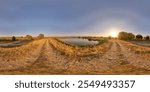 Full Spherical panorama of dirt road near small rural lake at sunset in equirectangular projection