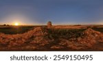 Full Spherical panorama of frural agricultural fields area at summer sunset in equirectangular projection