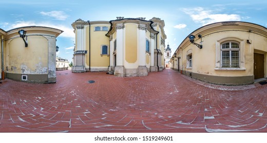 Full Spherical Seamless Hdri Panorama 360 Degrees Near Gate Of Old Gothic Uniate Of St. George Cathedral In Equirectangular Projection, VR AR Content With Zenith And Nadir