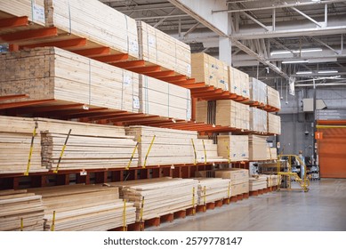 Full stack of packed lumber blocks yard at large hardware home improvement store in Dallas, Texas, natural wood planks posts floor to ceiling on industrial shelving with steel pipe safety bollard. USA