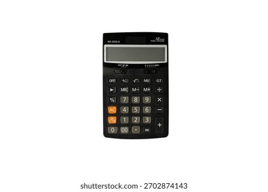 Full studio product shot of a basic digital calculator suitable for office or business use possibly model ND-2202-K The device is black with dark keys and prominent orangebrown function buttons, 