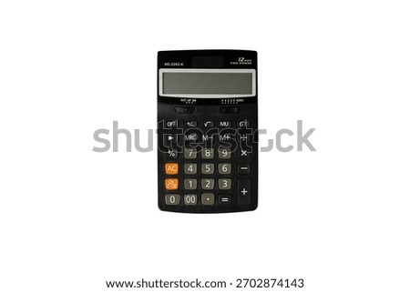 Full studio product shot of a basic digital calculator suitable for office or business use possibly model ND-2202-K The device is black with dark keys and prominent orangebrown function buttons, 